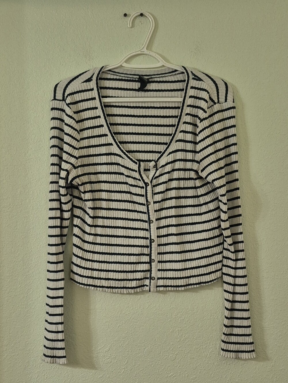 wild fable Dark Green and White Ribbed Button-Front Cardigan